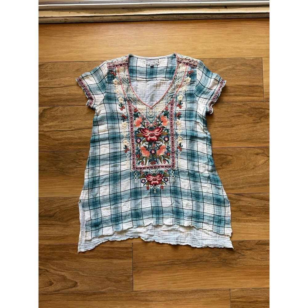 Johnny Was Workshop size XS Plaid Floral Embroidered Gauze Tunic